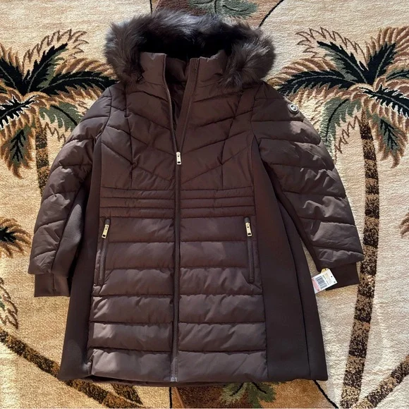 Michael Kors 💅❄️ Chocolate Winter Puffer Coat MK Jacket Fur Hood Plus Size NWT - Picture 1 of 8